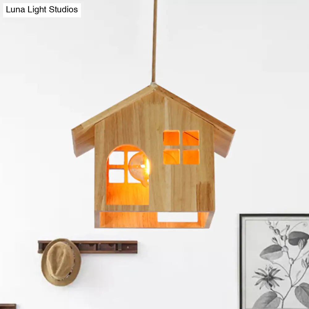 Modern Wooden House Pendant Lamp - 1-Light Natural Wood Hanging Light For Dining Room With