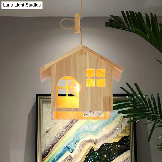 Modern Wooden House Shaped Pendant Lamp With Adjustable Cord - Natural Wood 1-Light Hanging Light