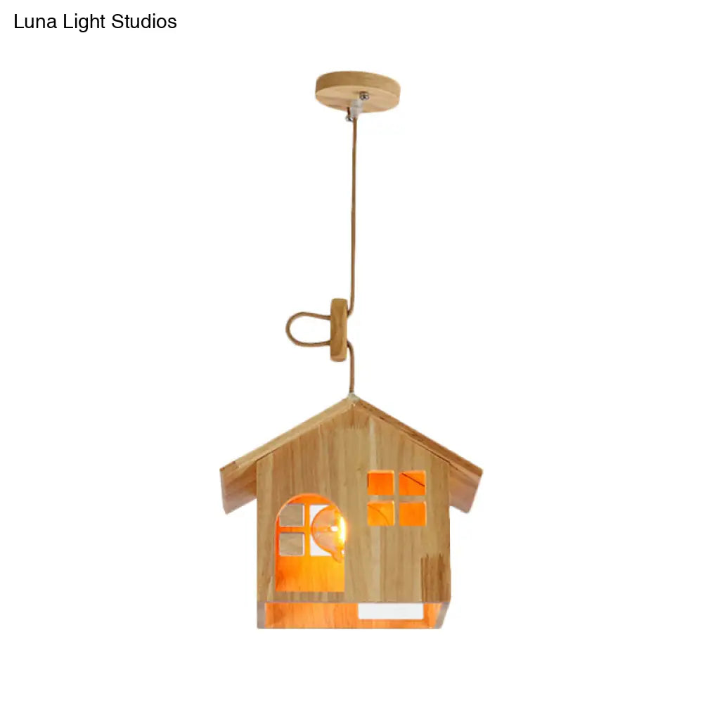 Modern Wooden House Pendant Lamp - 1-Light Natural Wood Hanging Light For Dining Room With