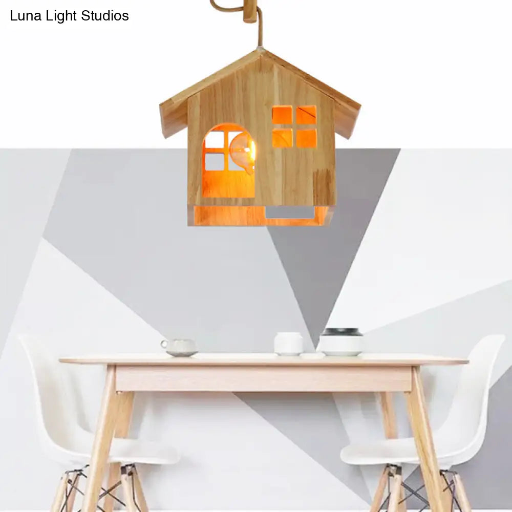 Modern Wooden House Shaped Pendant Lamp With Adjustable Cord - Natural Wood 1-Light Hanging Light