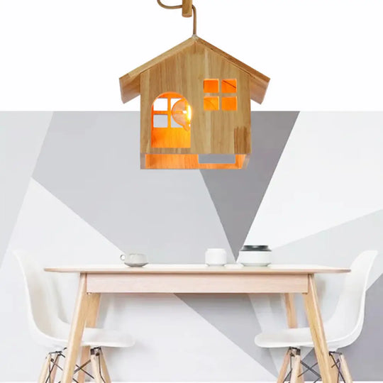 Modern Wooden House Pendant Lamp - 1-Light Natural Wood Hanging Light For Dining Room With