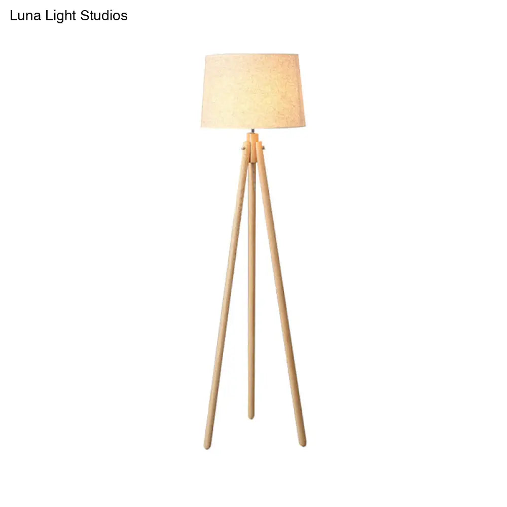 Modern Wooden Led Bedside Floor Lamp With Tripod Stand & Drum Fabric Shade