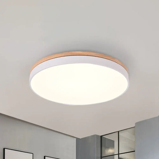 Modern Wooden Led Ceiling Lamp - Wide White Round Flush Mount Single Light For Living Room / 16.5’