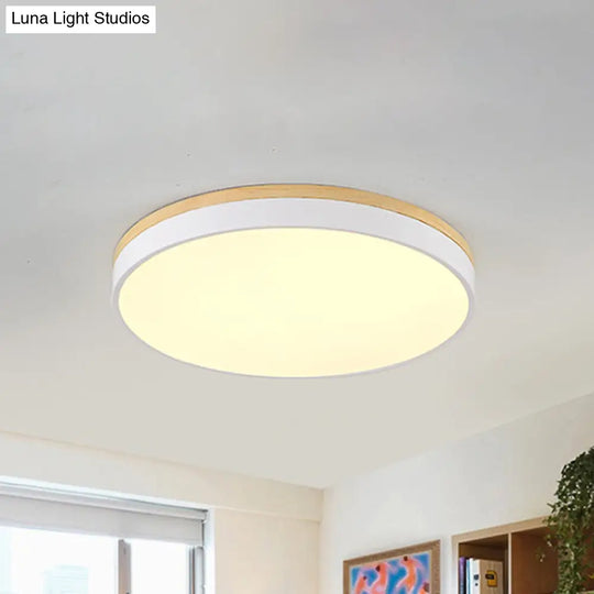 Modern Wooden Led Ceiling Lamp - Wide White Round Flush Mount Single Light For Living Room