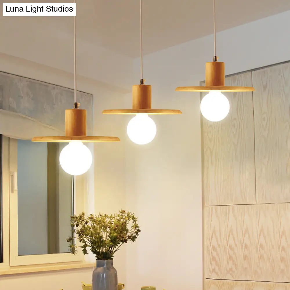 Modern Wooden Lid Shaped Chandelier With 3 Bulbs - Hanging Light For Dining Room