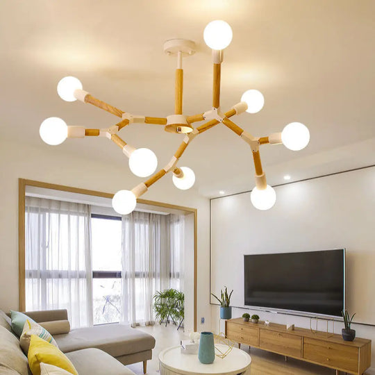 Modern Wooden Molecular Chandelier With Bare Bulbs - 3/6/9 Lights Black/White Ceiling Hang Lamp 9 /