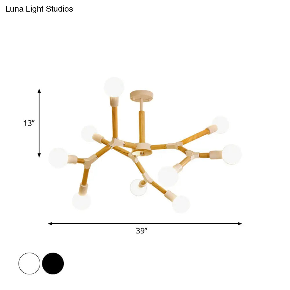 Modern Wooden Molecular Chandelier - 3/6/9 Lights Black/White Bare Bulb Design