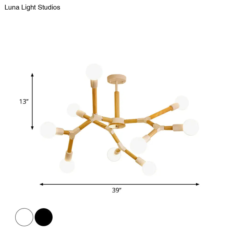 Modern Wooden Molecular Chandelier With Bare Bulbs - 3/6/9 Lights Black/White Ceiling Hang Lamp