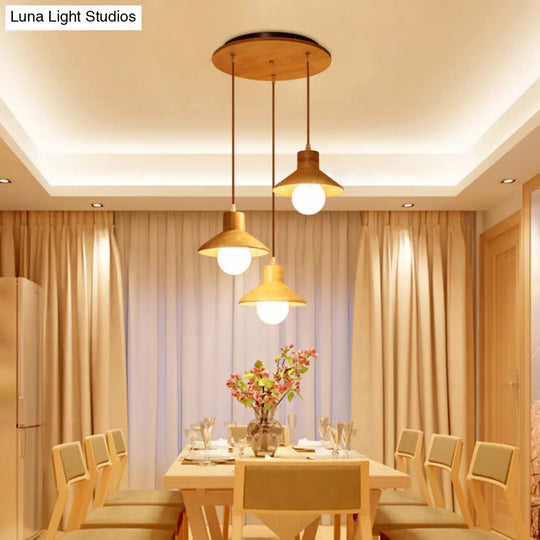 Modern Wooden Pendant Light In Beige For Kid Room - Coolie Shade Hanging With Linear/Round Canopy