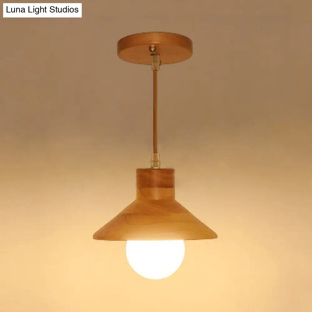 Modern Wooden Pendant Light In Beige For Kid Room - Coolie Shade Hanging With Linear/Round Canopy