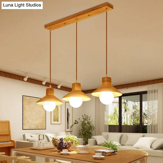 Modern Wooden Pendant Light In Beige For Kid Room - Coolie Shade Hanging With Linear/Round Canopy