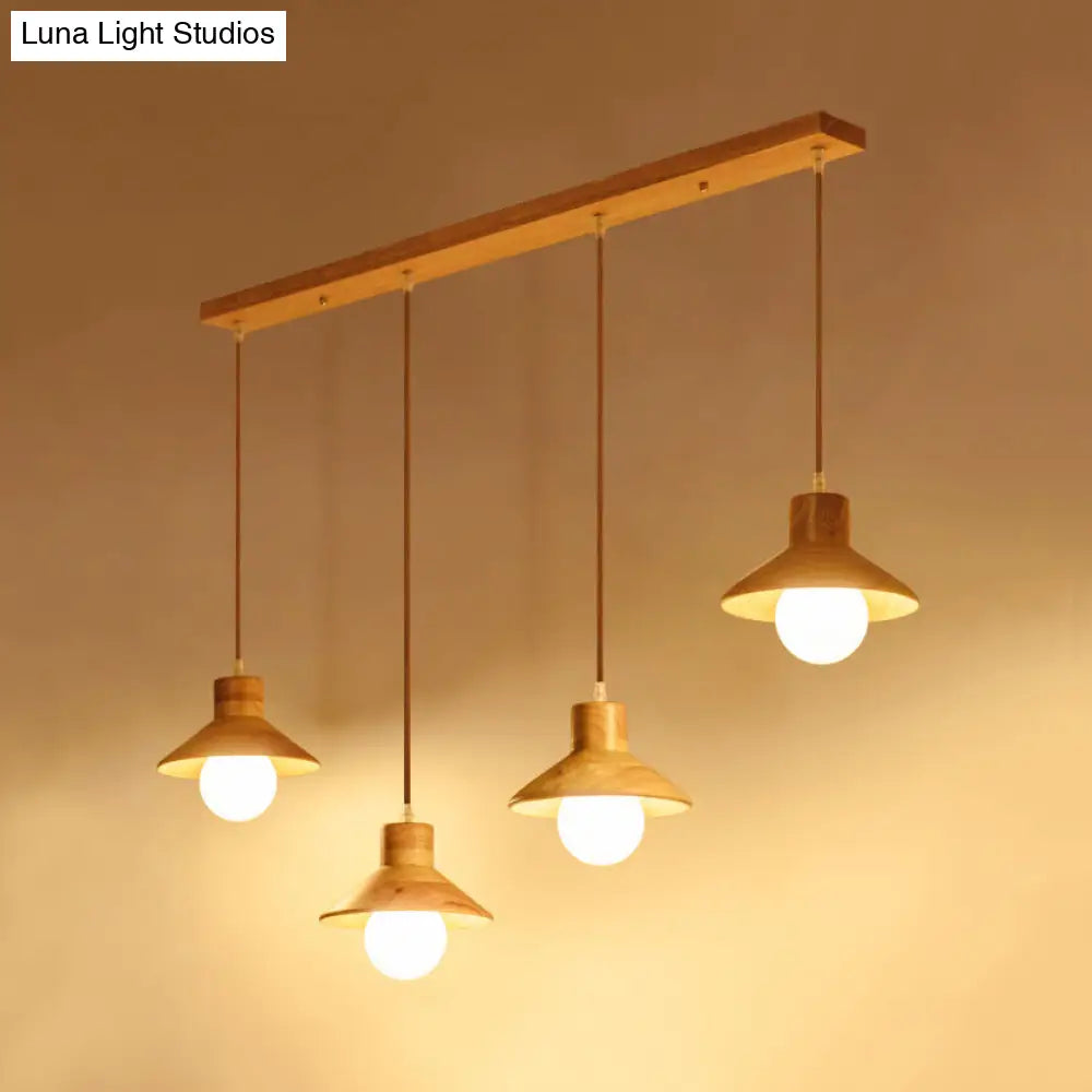 Modern Wooden Pendant Light In Beige For Kid Room - Coolie Shade Hanging With Linear/Round Canopy