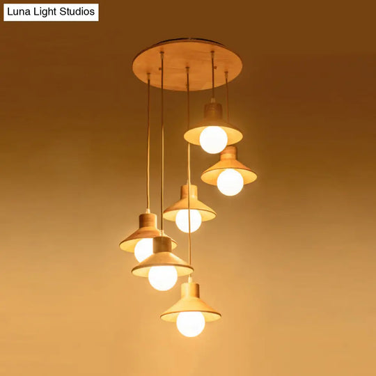 Modern Wooden Pendant Light In Beige For Kid Room - Coolie Shade Hanging With Linear/Round Canopy