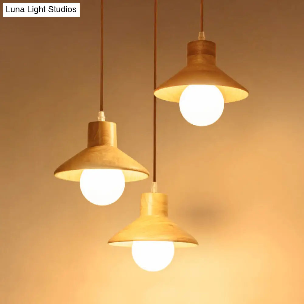 Modern Wooden Pendant Light In Beige For Kid Room - Coolie Shade Hanging With Linear/Round Canopy