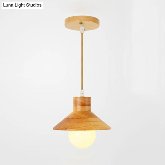 Modern Wooden Pendant Light In Beige For Kid Room - Coolie Shade Hanging With Linear/Round Canopy 1