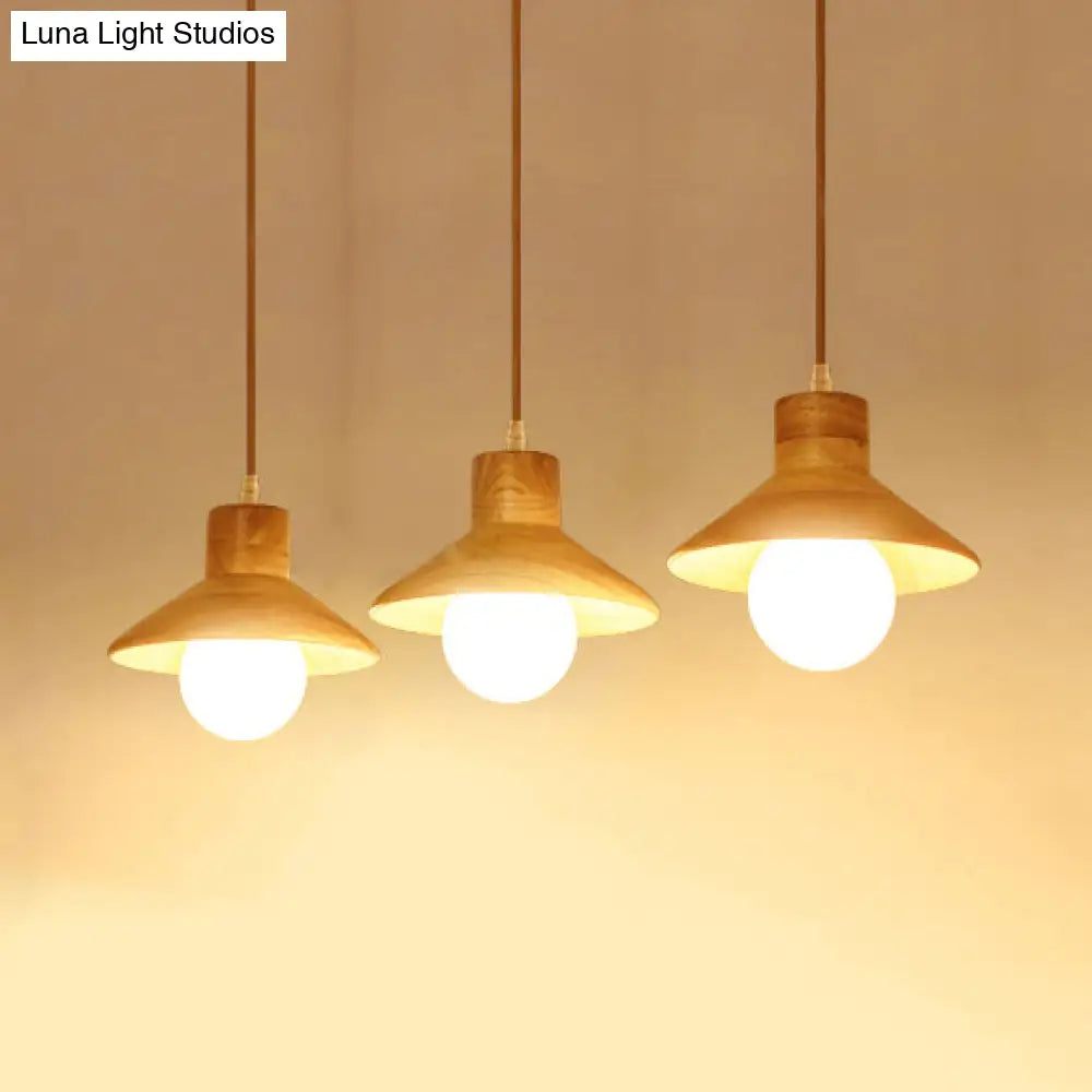 Modern Wooden Pendant Light In Beige For Kid’s Room - Coolie Shade Hanging With Linear/Round Canopy