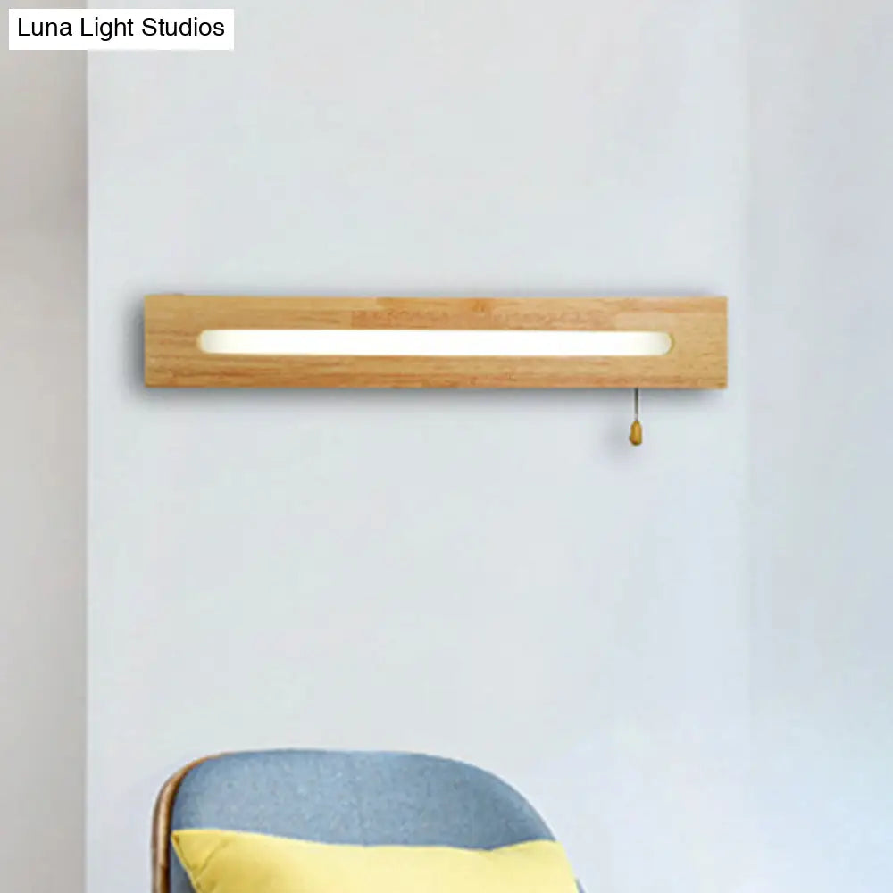 Modern Wooden Rectangle Vanity Lamp Beige Wall Sconce Light With Pull Chain And Diffuser - 18/21.5