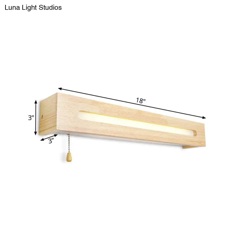 Modern Wooden Rectangle Vanity Lamp Beige Wall Sconce Light With Pull Chain And Diffuser - 18/21.5