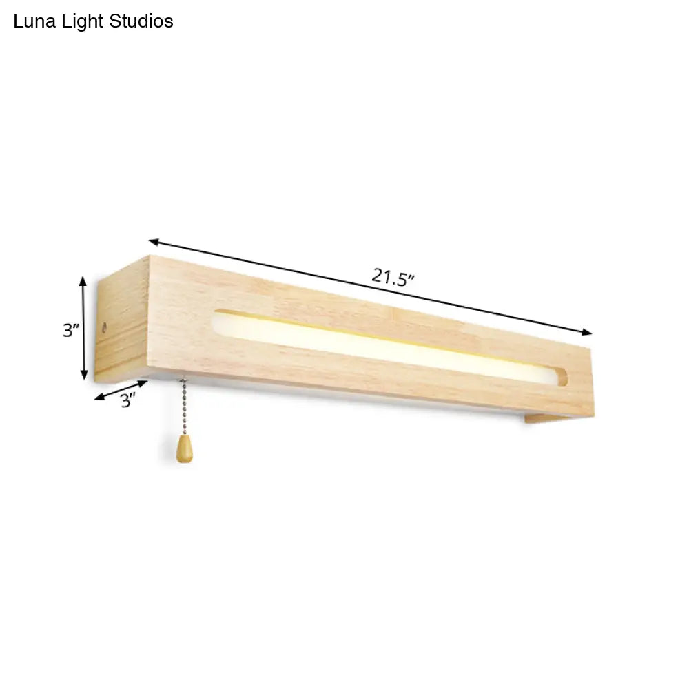 Modern Wooden Rectangle Vanity Lamp Beige Wall Sconce Light With Pull Chain And Diffuser - 18/21.5