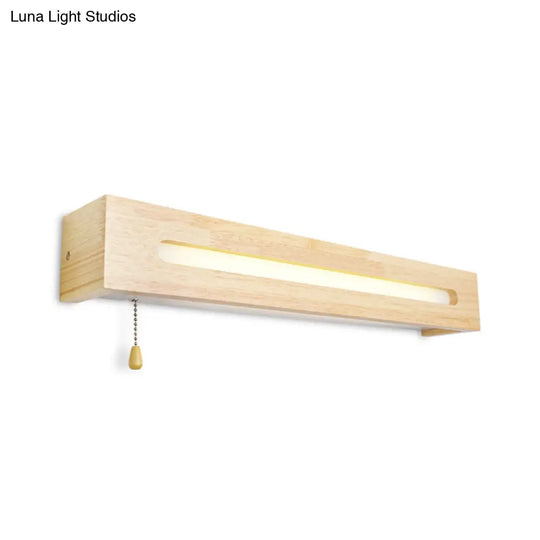 Modern Wooden Rectangle Vanity Lamp Beige Wall Sconce Light With Pull Chain And Diffuser - 18/21.5