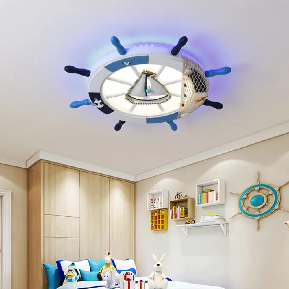 Modern Wooden Rudder Led Flushmount Ceiling Light In Warm/White For Kids Blue / Warm