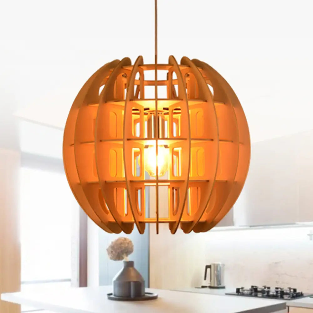 Modern Wooden Spherical Shade Drop Light In Natural Wood For Kitchen