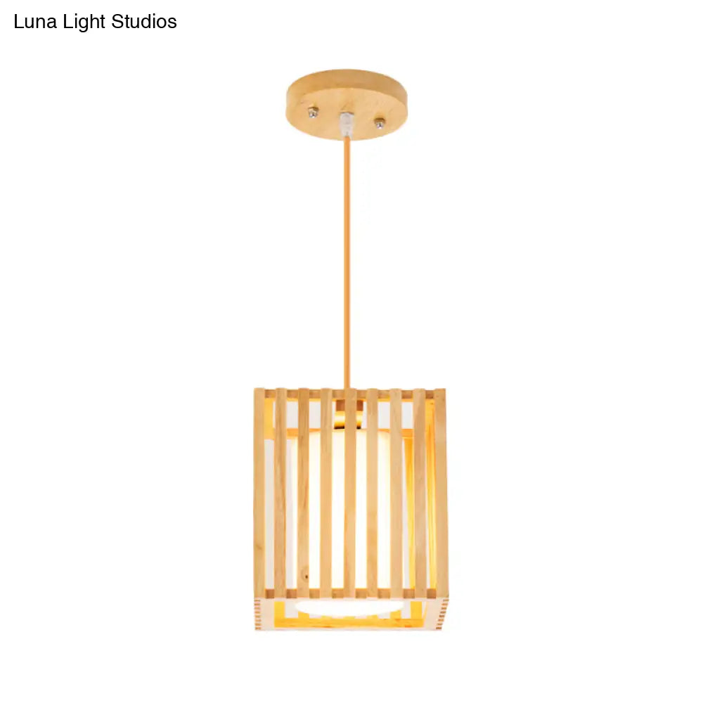 Modern Wooden Square Cage Pendant Light Kit - 1 Beige Hanging Ceiling With Inner Fabric Shade