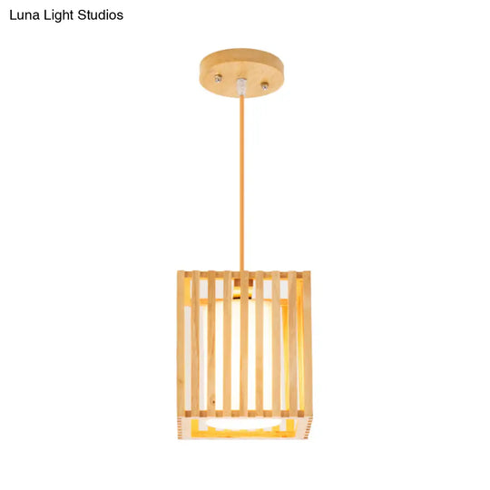 Modern Wooden Square Cage Pendant Light Kit - 1 Beige Hanging Ceiling With Inner Fabric Shade