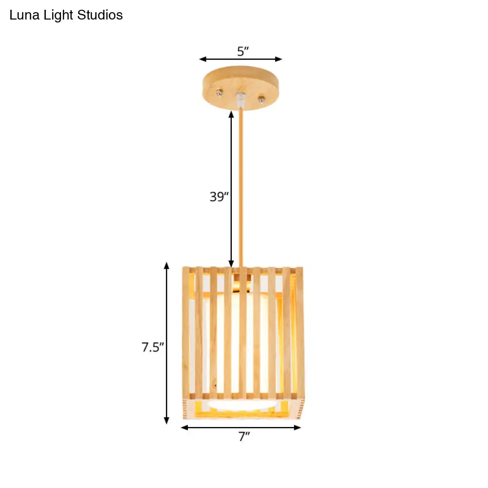 Modern Wooden Square Cage Pendant Light Kit - 1 Beige Hanging Ceiling With Inner Fabric Shade