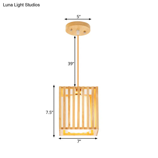 Modern Wooden Square Cage Pendant Light Kit - 1 Beige Hanging Ceiling With Inner Fabric Shade