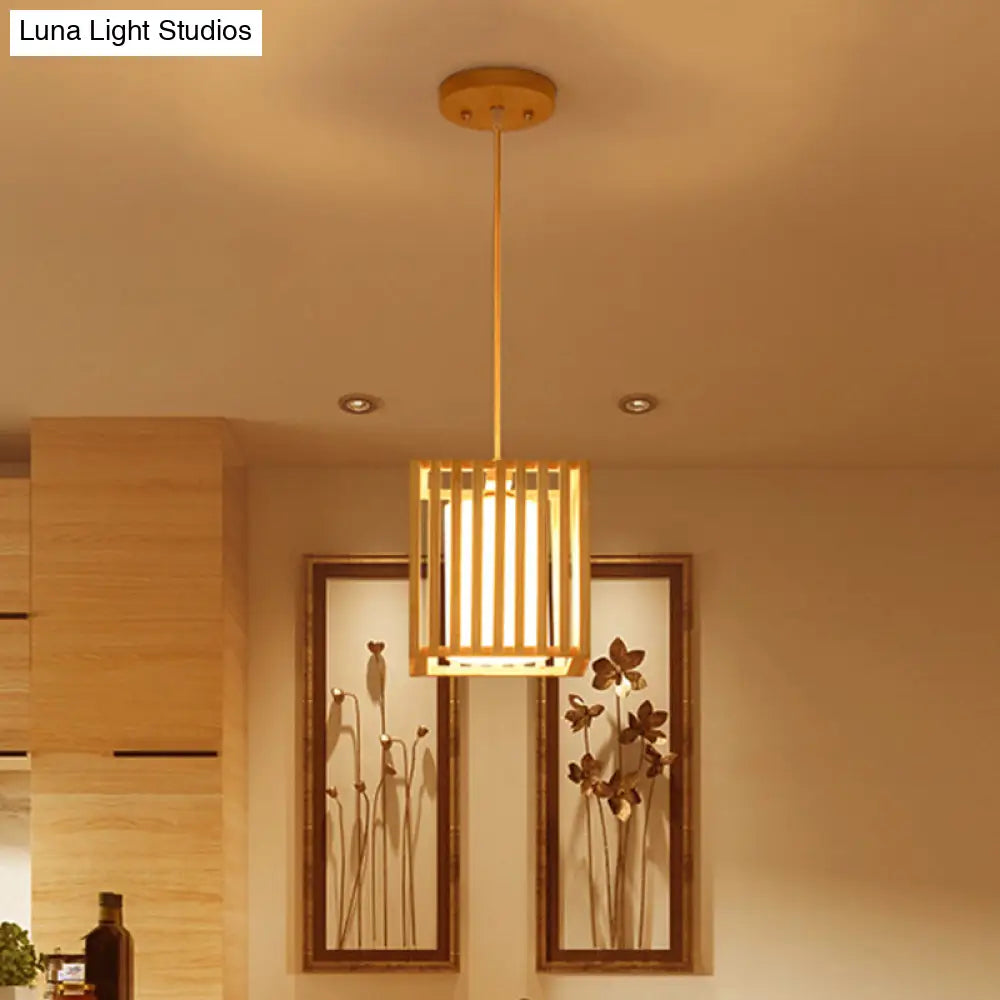 Modern Wooden Square Cage Pendant Light Kit - 1 Beige Hanging Ceiling With Inner Fabric Shade