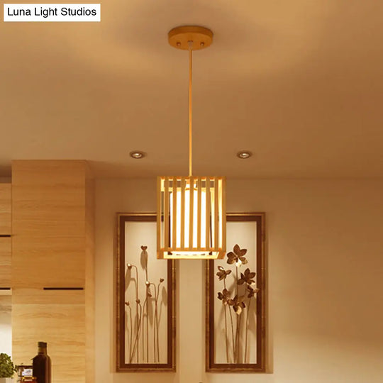 Modern Wooden Square Cage Pendant Light Kit - 1 Beige Hanging Ceiling With Inner Fabric Shade