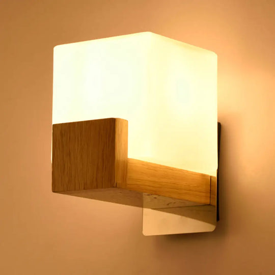 Modern Wooden Square Wall Mount Sconce Light With Simple Glass Shade For Bedroom 1 / Wood