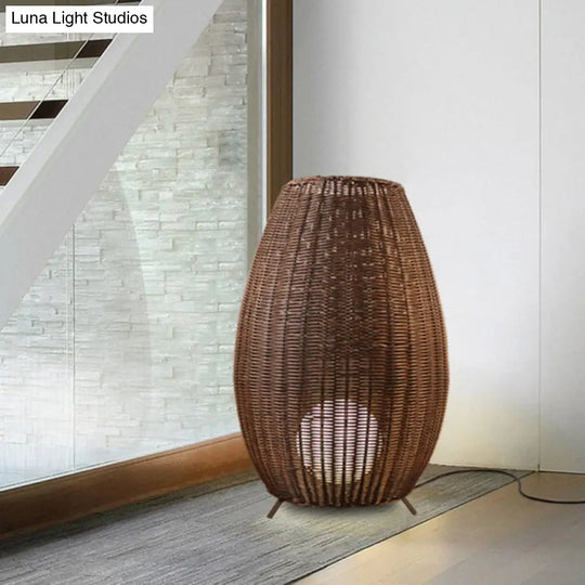 Modern Woven Oval Floor Lamp - Asian Rattan Beige/Brown With Inner Spherical Shade