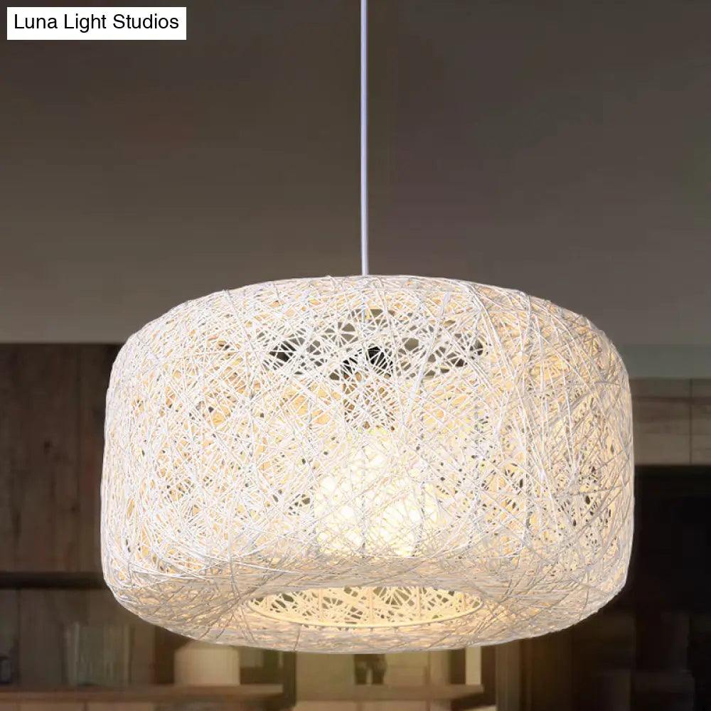 Modern Woven Rattan Drum Hanging Light Fixture - 8/12 Diameter 1 Head Pendant Lamp Black/White White