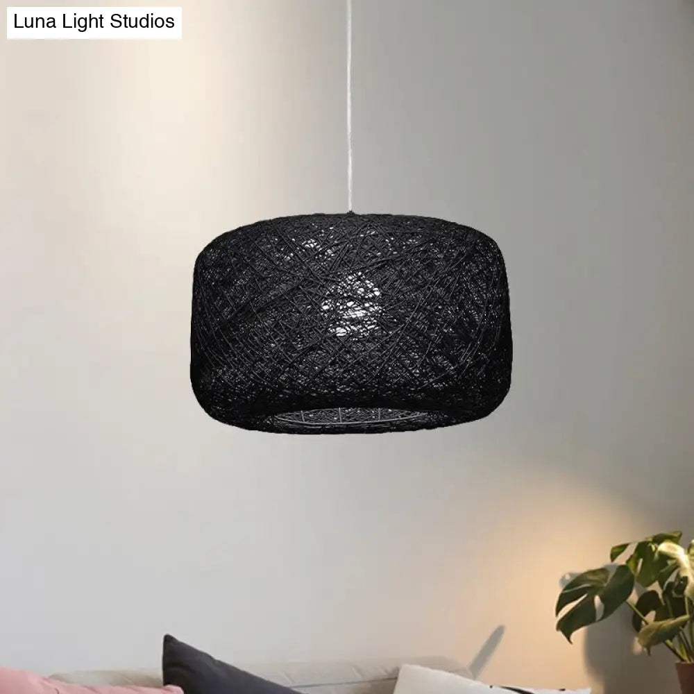 Modern Woven Rattan Drum Hanging Light Fixture - 8/12 Diameter 1 Head Pendant Lamp Black/White