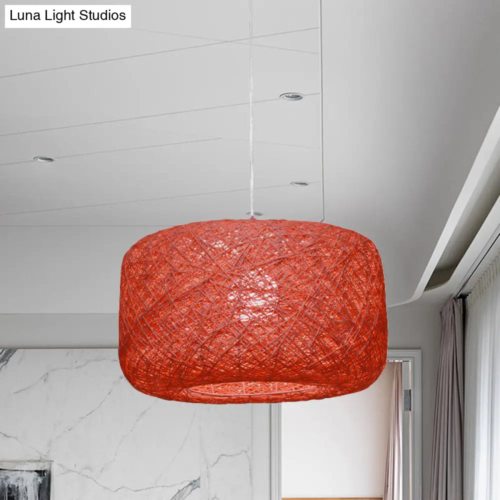 Modern Woven Rattan Drum Hanging Light Fixture - 8/12 Diameter 1 Head Pendant Lamp Black/White Red /