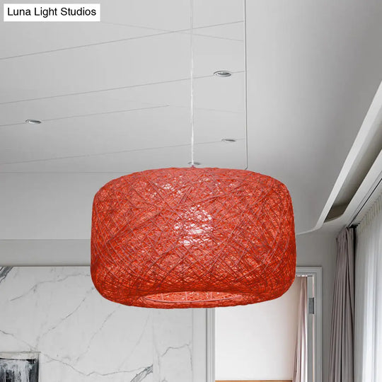 Modern Woven Rattan Drum Hanging Light Fixture - 8/12 Diameter 1 Head Pendant Lamp Black/White Red /