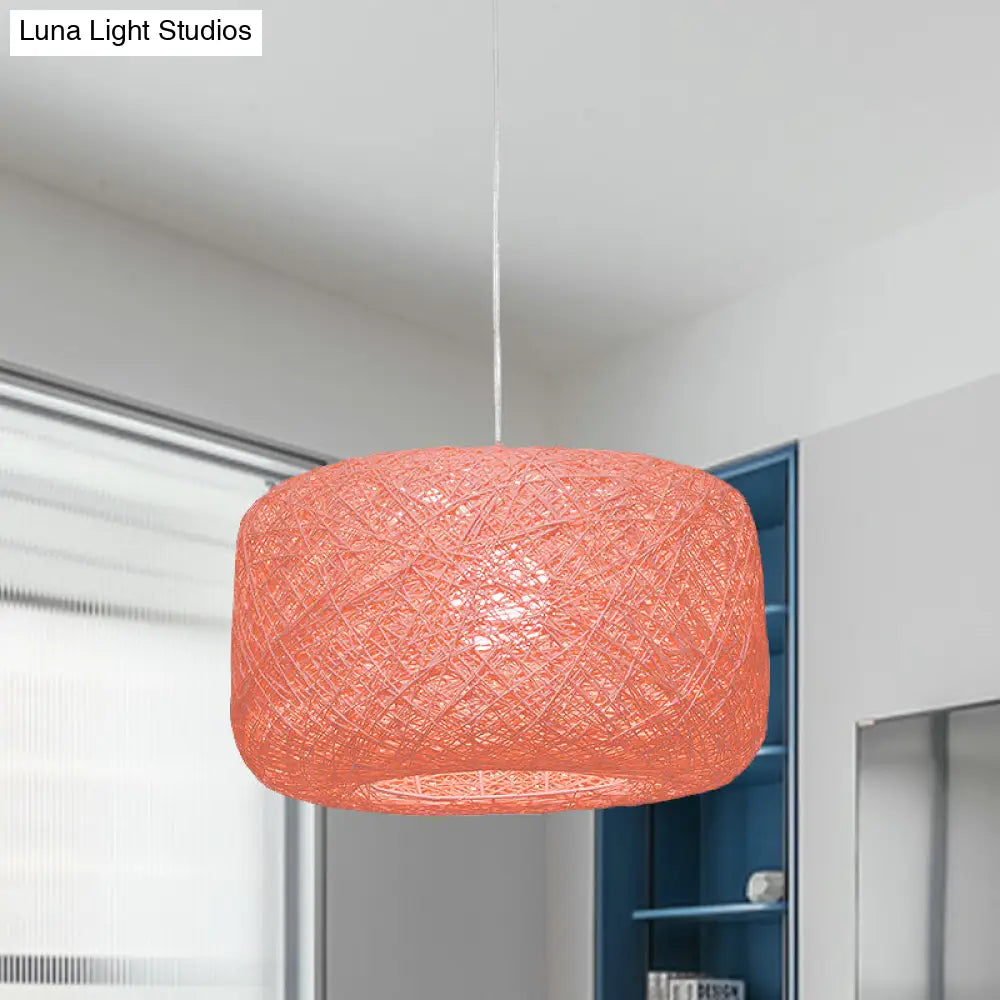 Modern Woven Rattan Drum Hanging Light Fixture - 8/12 Diameter 1 Head Pendant Lamp Black/White Pink