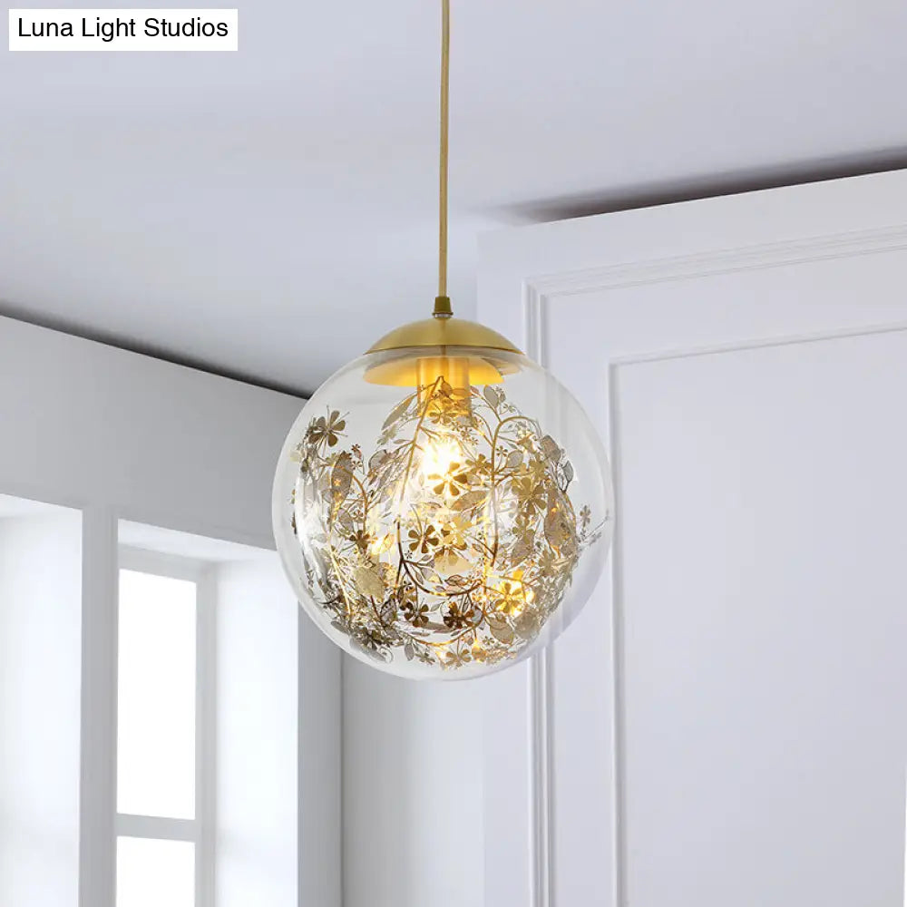 Modern Yellow Ball Pendant Lamp - 1-Head Clear Glass Ceiling Light With Inner Shattered Leaves