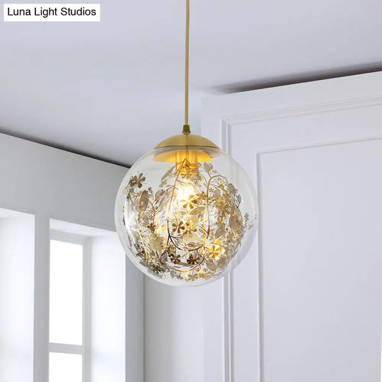 Modern Yellow Ball Pendant Lamp - 1-Head Clear Glass Ceiling Light With Inner Shattered Leaves