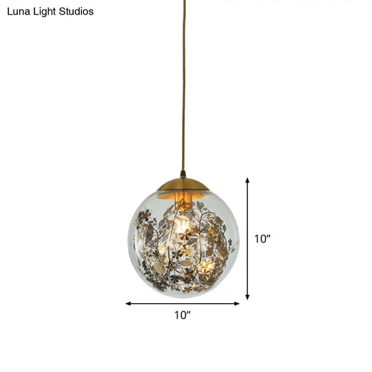 Modern Clear Glass Yellow Ball Pendant Lamp With Shattered Leaves Decoration - 1-Head Ceiling Light