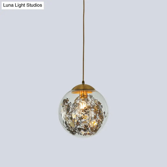 Modern Yellow Ball Pendant Lamp - 1-Head Clear Glass Ceiling Light With Inner Shattered Leaves