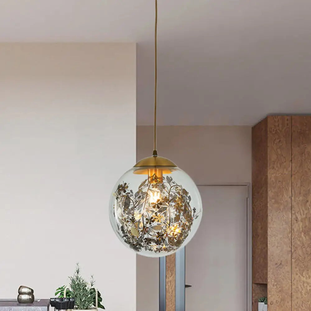 Modern Yellow Ball Pendant Lamp - 1-Head Clear Glass Ceiling Light With Inner Shattered Leaves