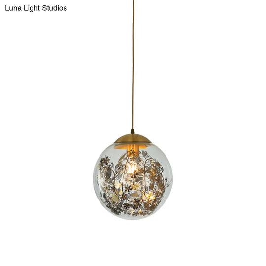 Modern Clear Glass Yellow Ball Pendant Lamp With Shattered Leaves Decoration - 1-Head Ceiling Light