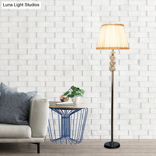 Modern Yellow Floor Standing Lamp With Crystal Accent - Braided Trim & Pleated Fabric