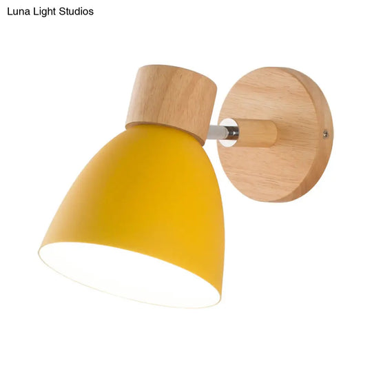 Modern Yellow Metal Flare Wall Sconce With Wood Circle Backplate