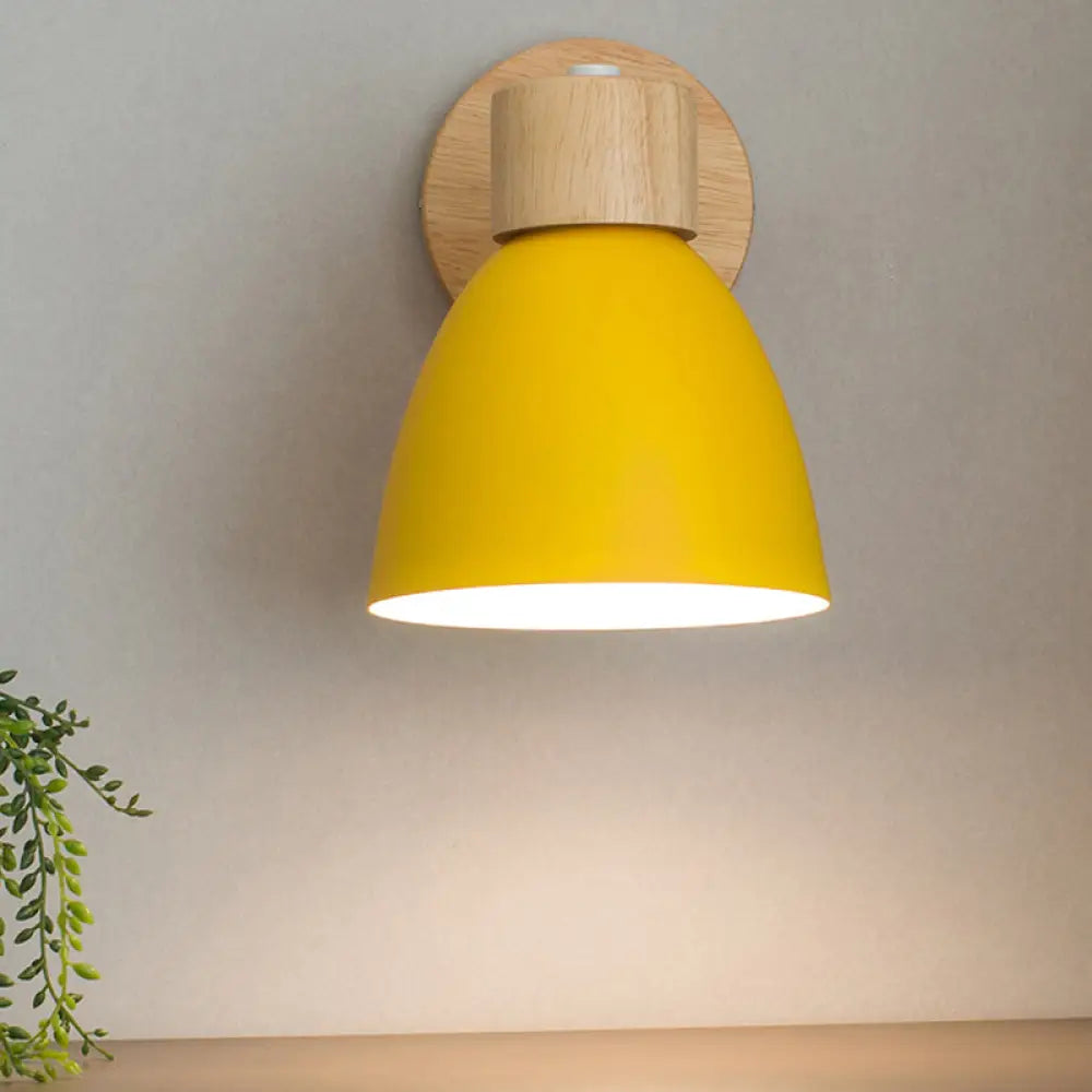 Modern Yellow Metal Flare Wall Sconce With Wood Circle Backplate