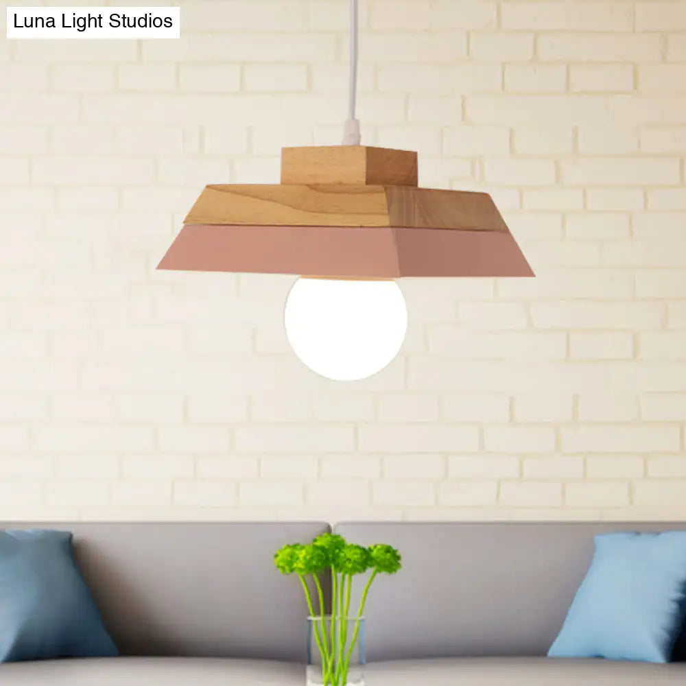 Modern Yellow/Pink And Wood Living Room Pendant Light With Geometric Metal Shade