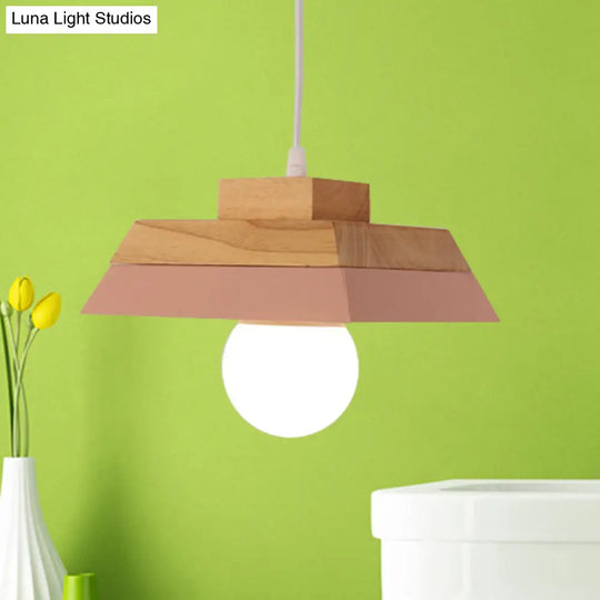 Modern Yellow/Pink & Wood Living Room Suspension Light With Geometric Metal Shade - 1-Bulb Hanging